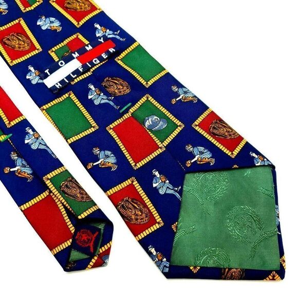 Vintage Tommy Hilfiger Colorblock Box Logo Silk Tie Blue Baseball Short Wide - Picture 5 of 6